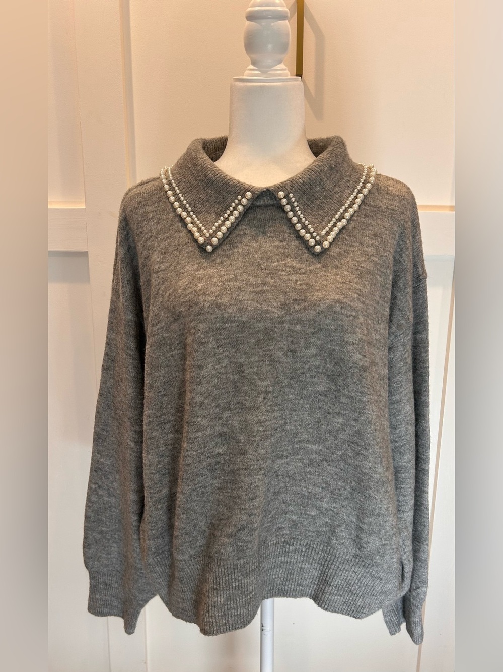H&M Grey Pearl-Trim Collared Women's Sweater